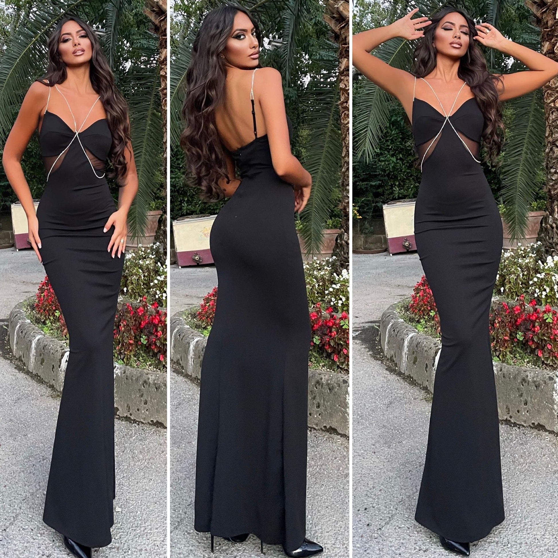 Tubino lungo nero spalline in strass