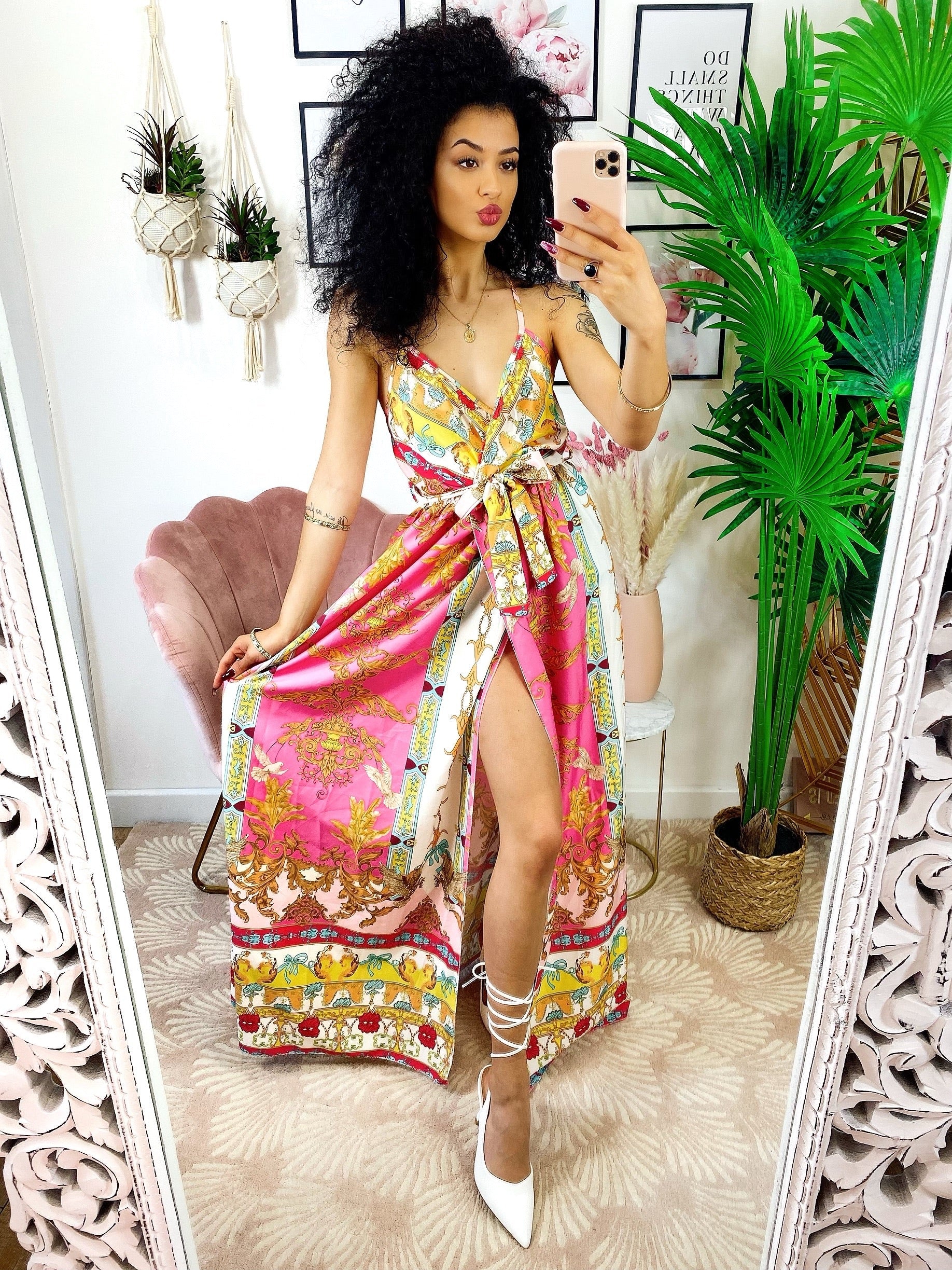 Abito con maxi spacco stampa Fuxia