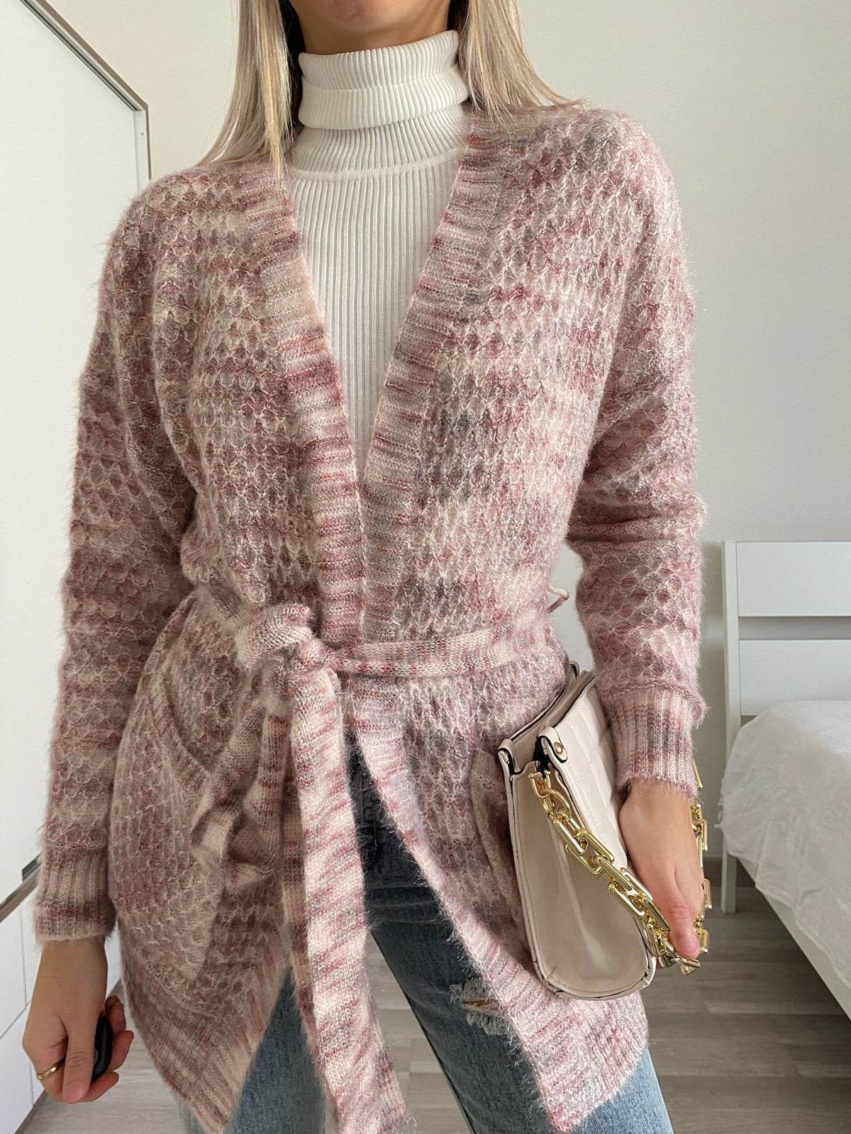 Cardigan morbido con cintura sfumature lilla
