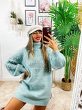 Maxi maglione collo alto con perle verdeacqua