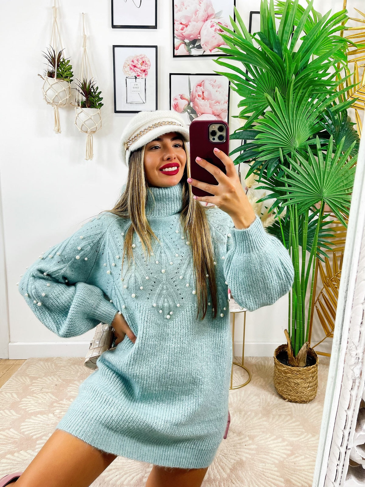 Maxi maglione collo alto con perle verdeacqua