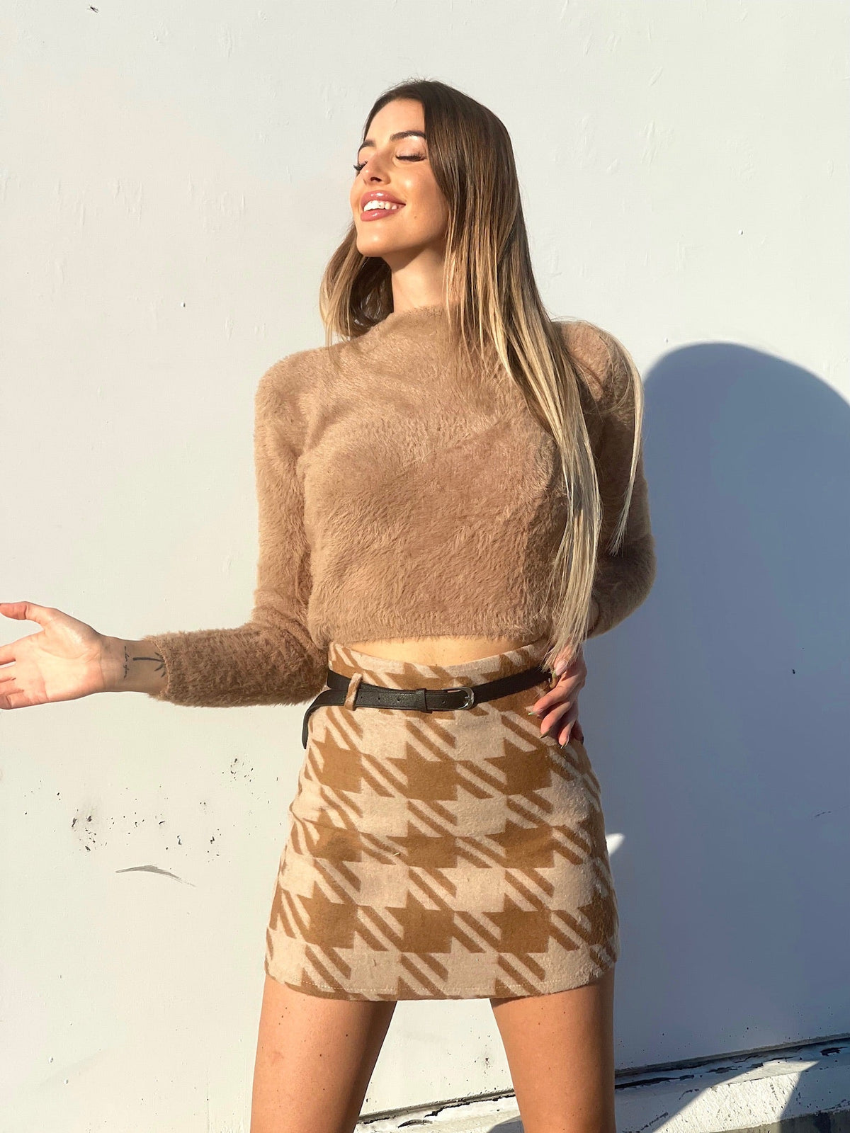 Gonna in tweed pied de poule beige