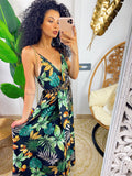 Abito in raso floreale con maxi spacco nero