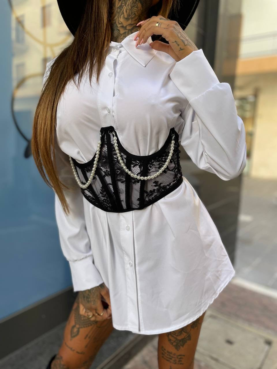 Fascia bustier con perle e pizzo
