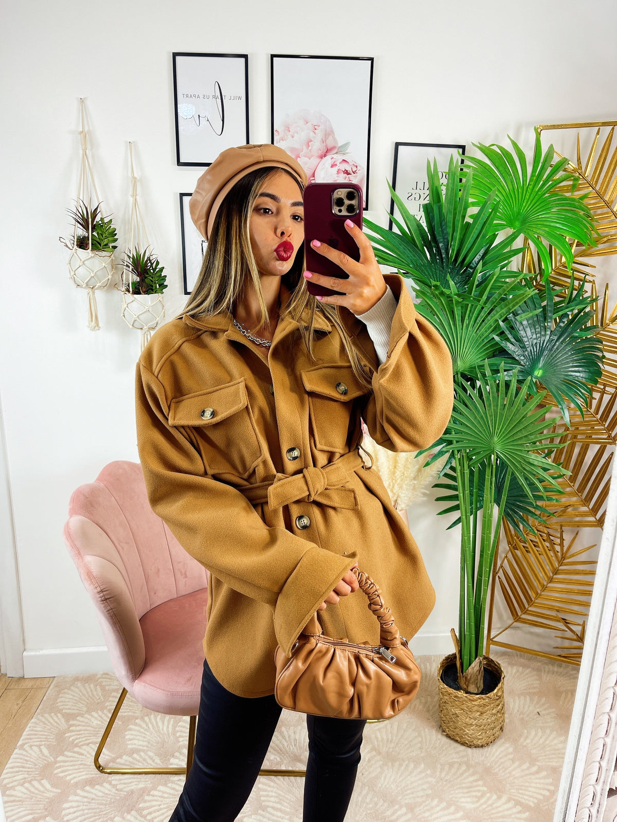 Giacca Camel in panno con cintura