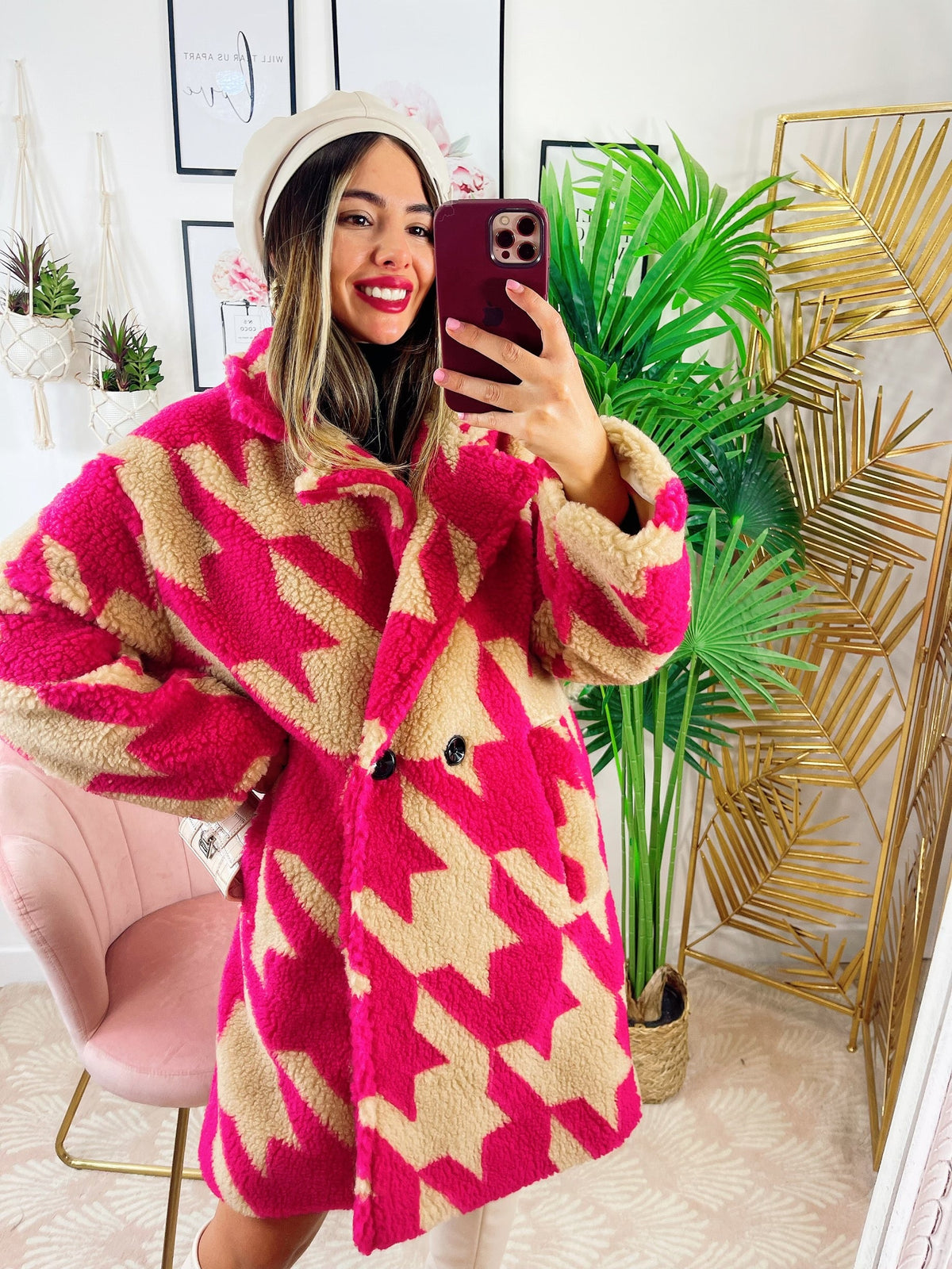 Cappotto pied de poule dettaglio fucsia