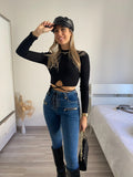 Top nero a costine con lacci