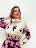 Maxi maglione collo alto con cavalli base Fuxia