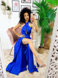 Abito in raso con maxi incrociato blu