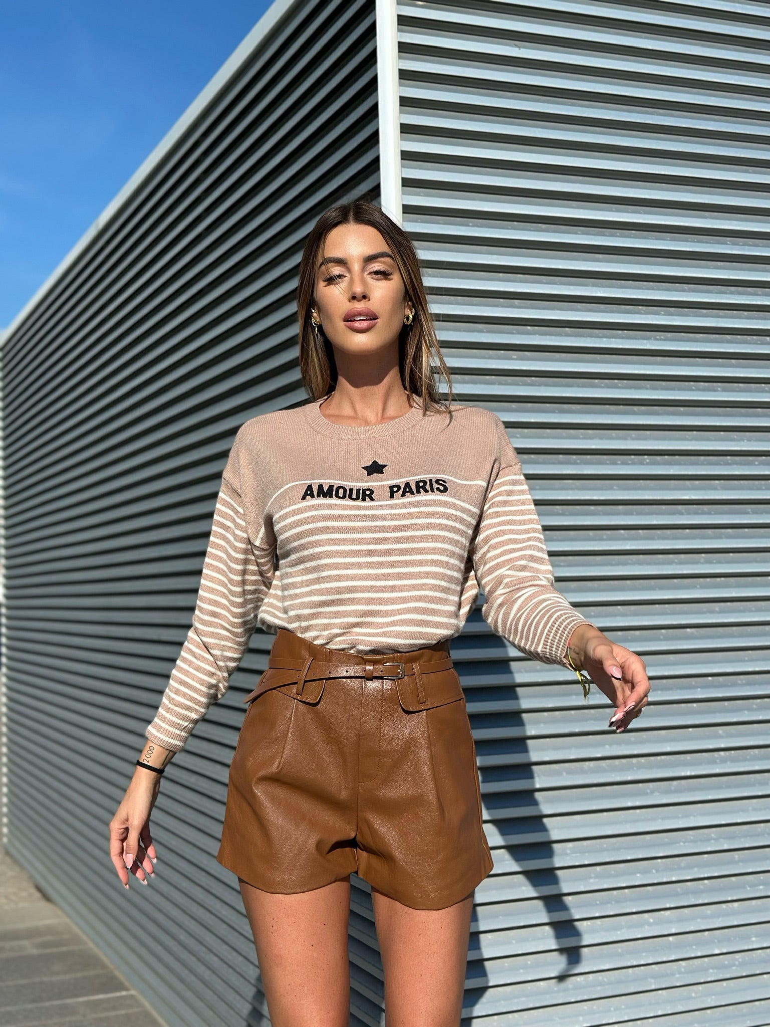 Short in ecopelle Camel con cintura