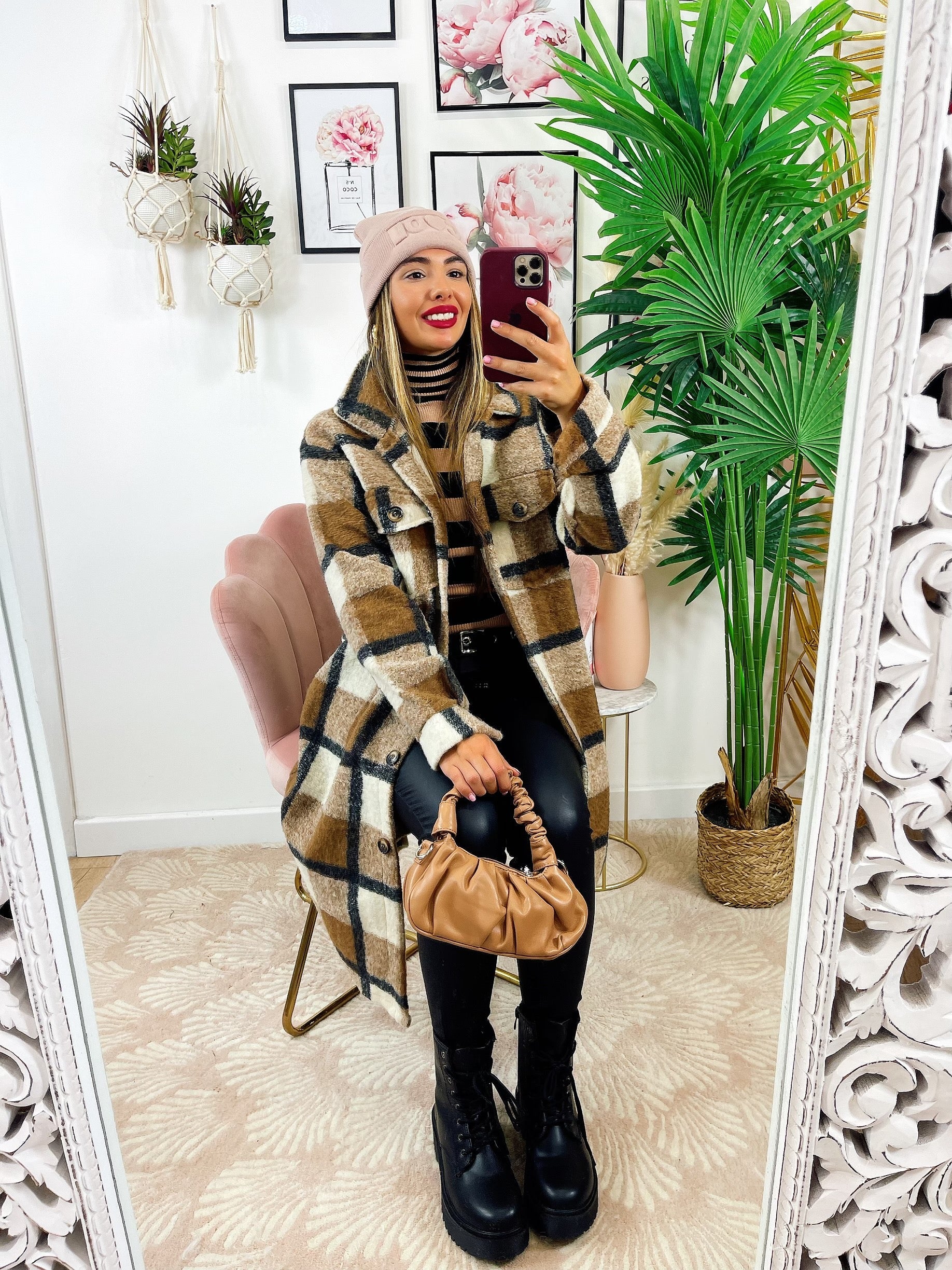 Giacca a quadri lunga Camel Nera