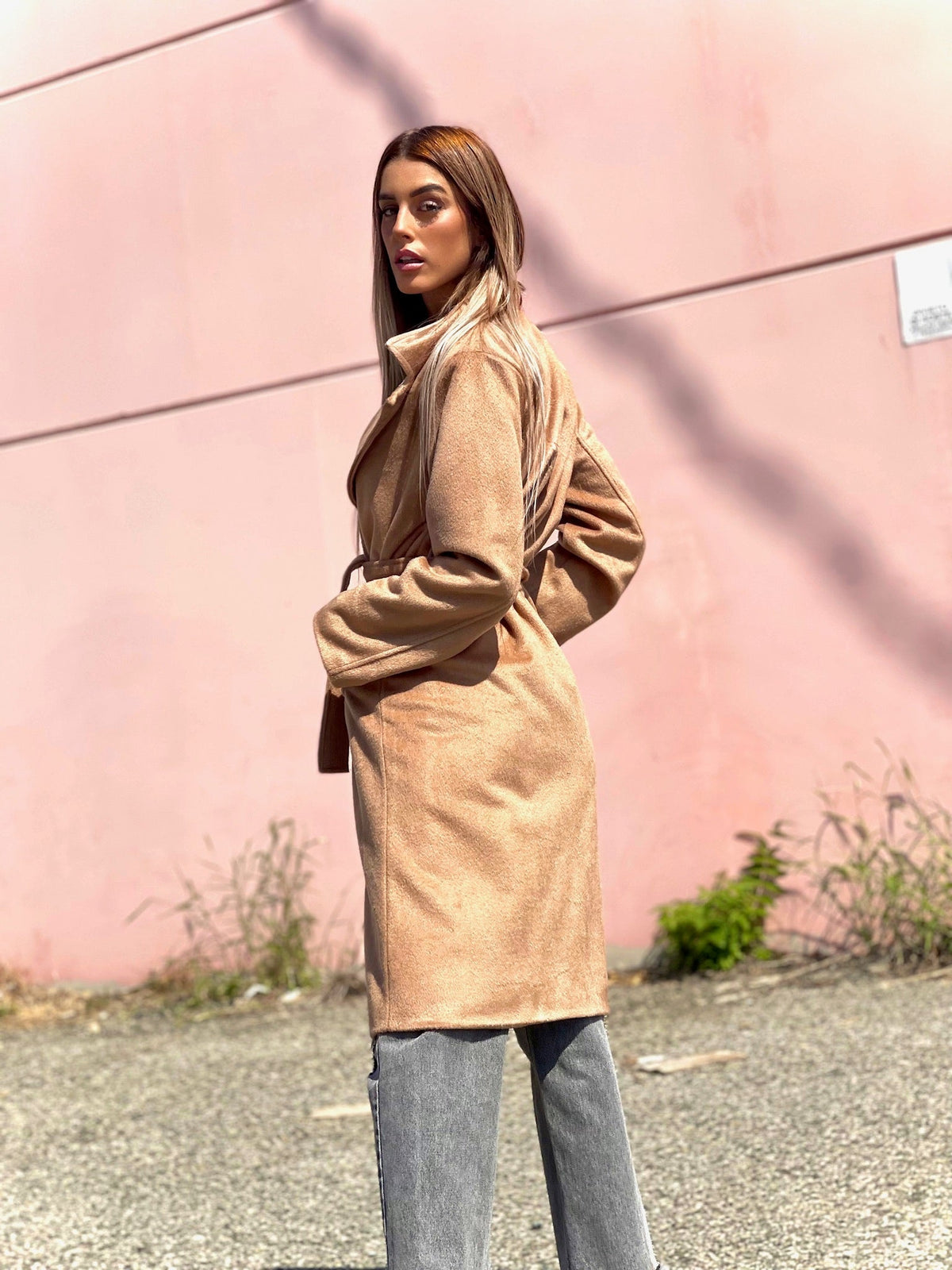 Cappotto lungo Camel con cintura