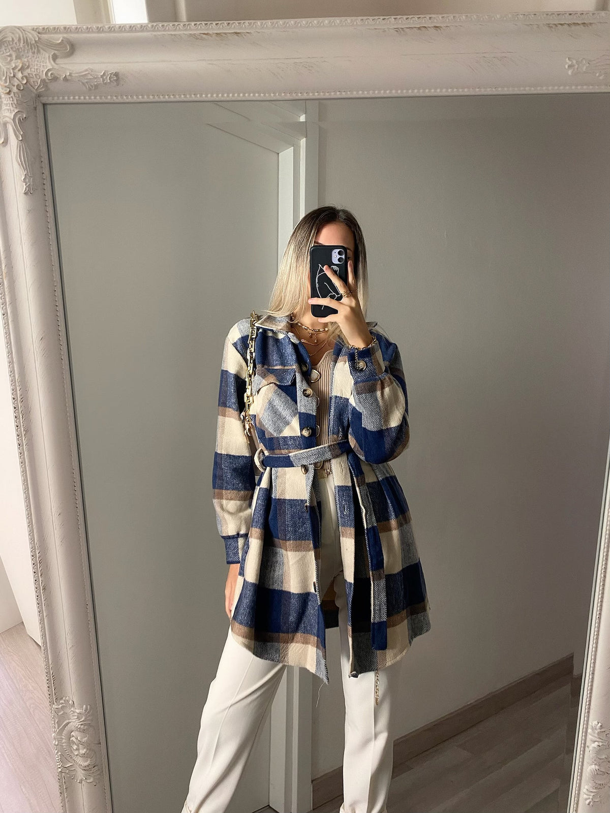 Giacca check nude e blu