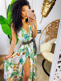Abito in raso floreale con maxi spacco bianco
