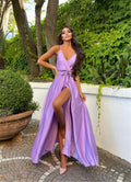 Abito in raso con maxi spacco lilla