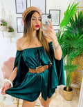 Tutina in raso con scollo a barchetta manica lunga verde bottiglia