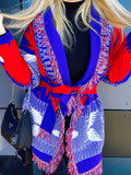 Cardigan frange e cinta rosso blu