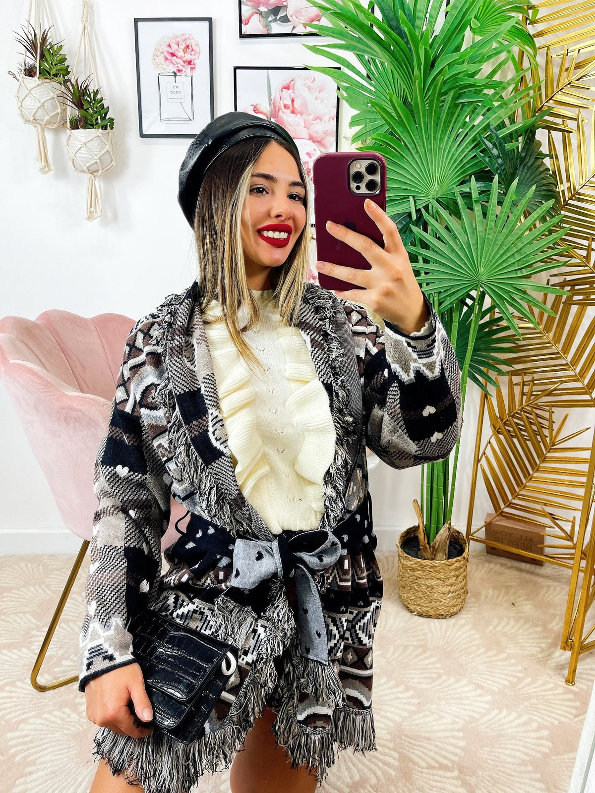 Cardigan con frange e cuori Marrone Grigio