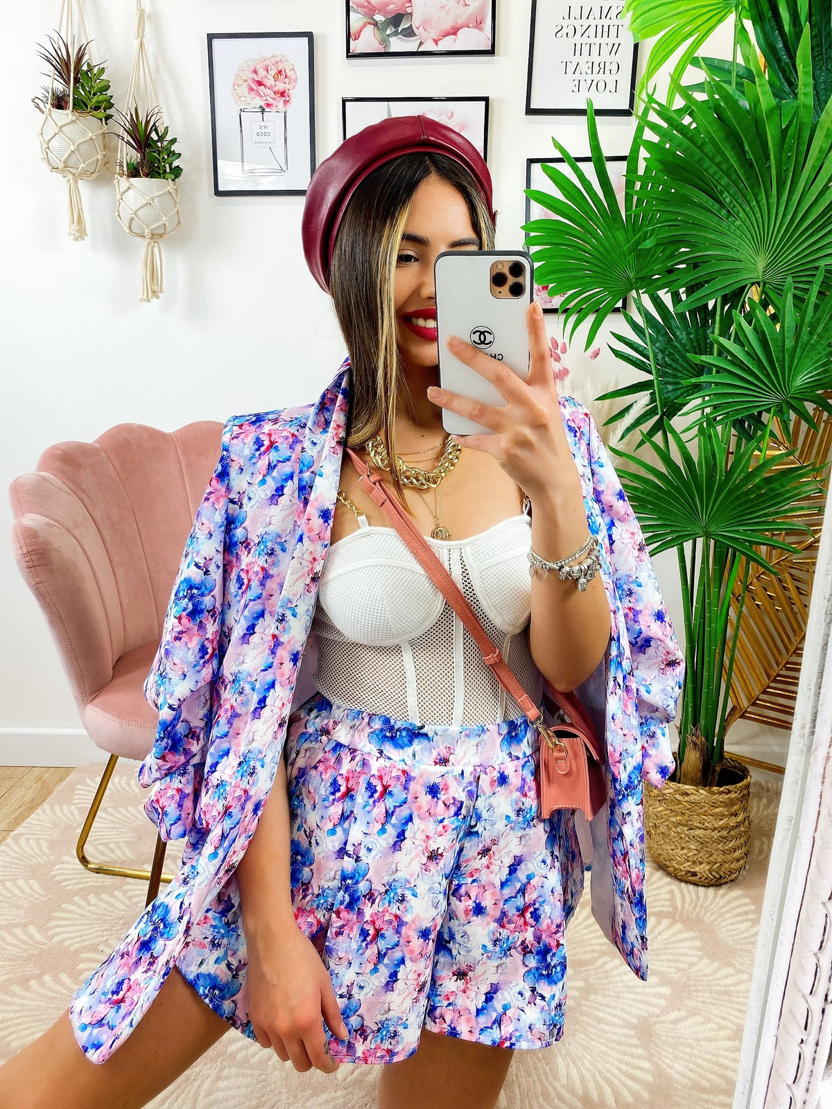Completo Giacca e Short fiori celesti