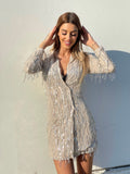 Abito nude frange in paillettes argento