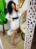 Abito a balze bianco con glitter argento