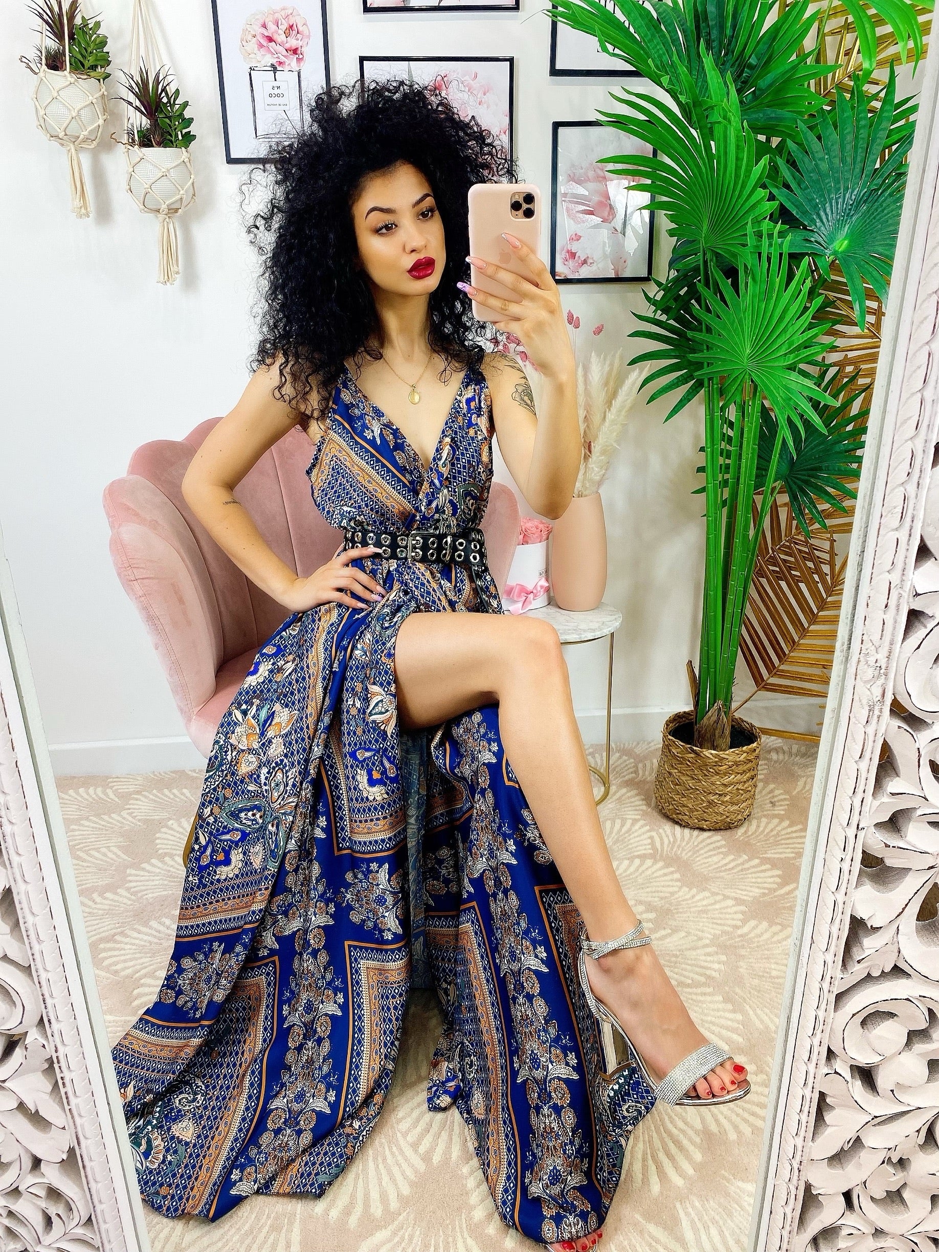 Dress Lungo con maxi spacco blu e arancione