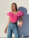 Body scollo a barchetta con Rouches Fuxia