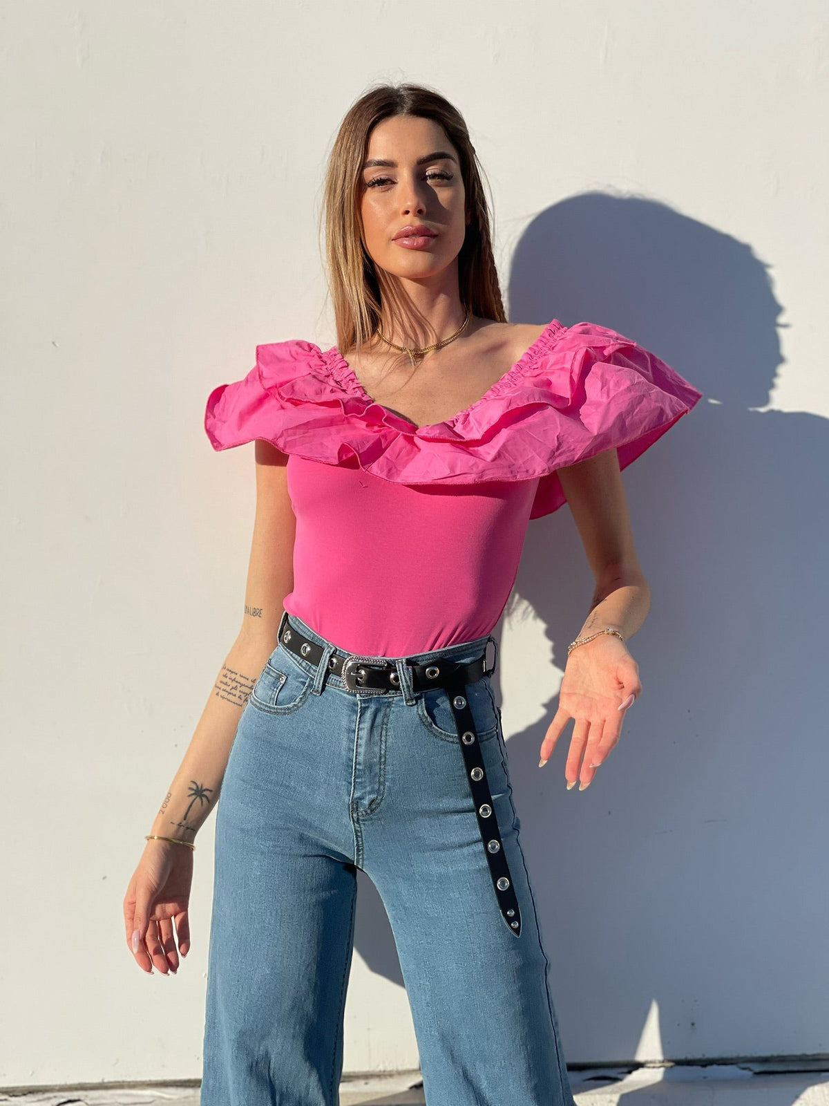 Body scollo a barchetta con Rouches Fuxia