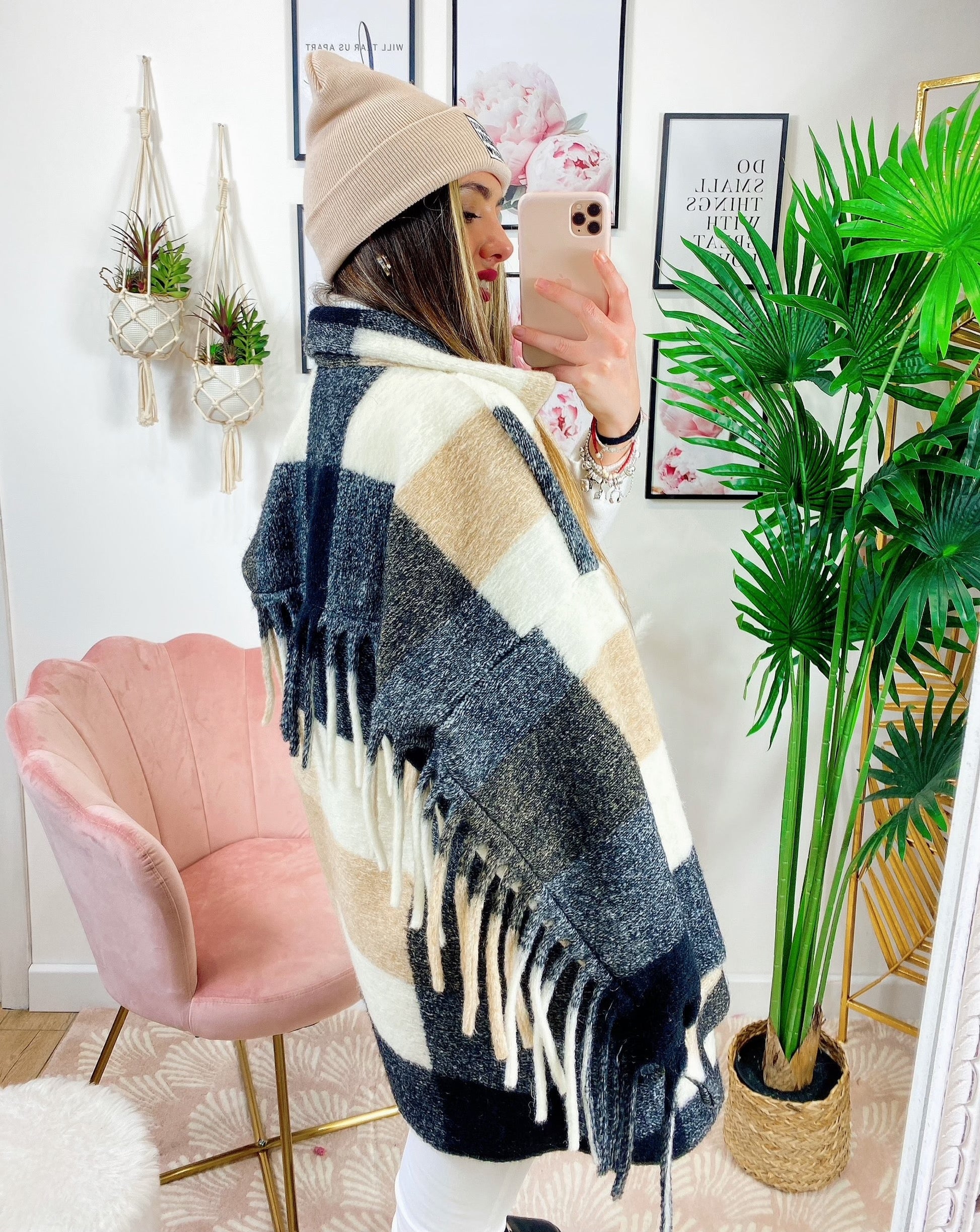 Giacca a quadri Beige con frange
