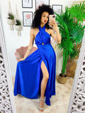 Abito in raso con maxi incrociato blu