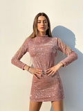 Abito schiena aperta in paillettes rosa
