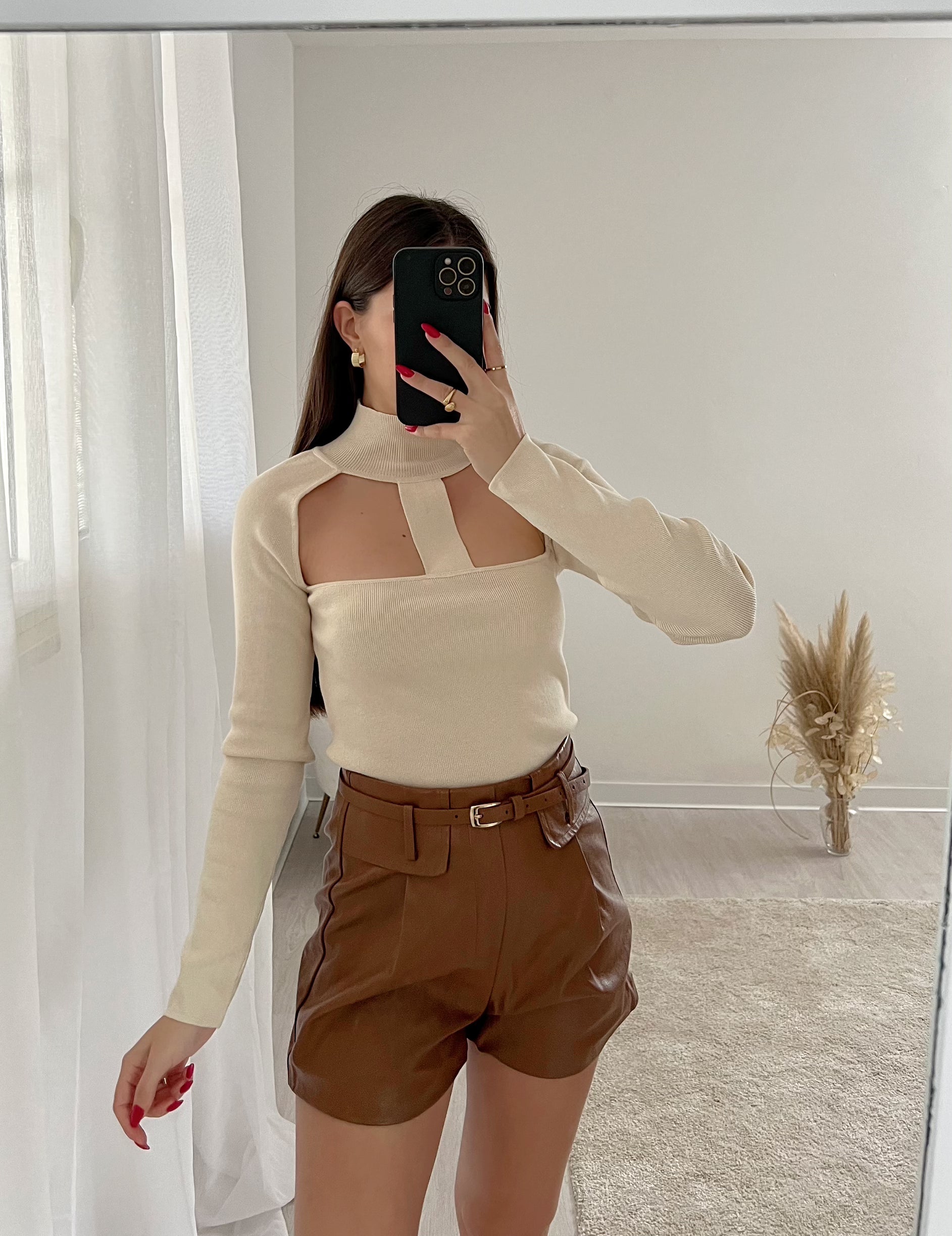 Short in ecopelle Camel con cintura