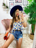 Maxi maglia floreale con catena dettagli blu
