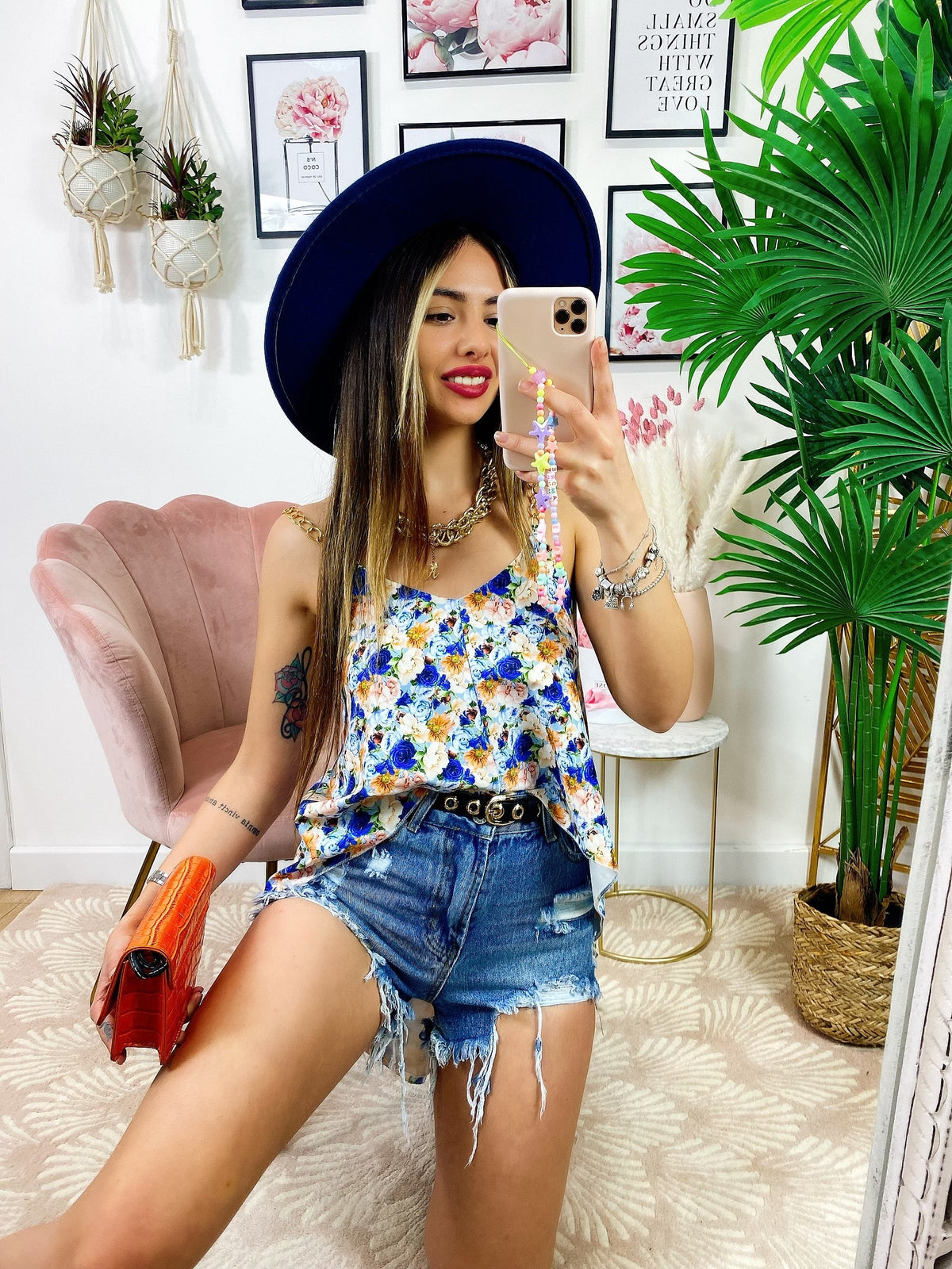 Maxi maglia floreale con catena dettagli blu