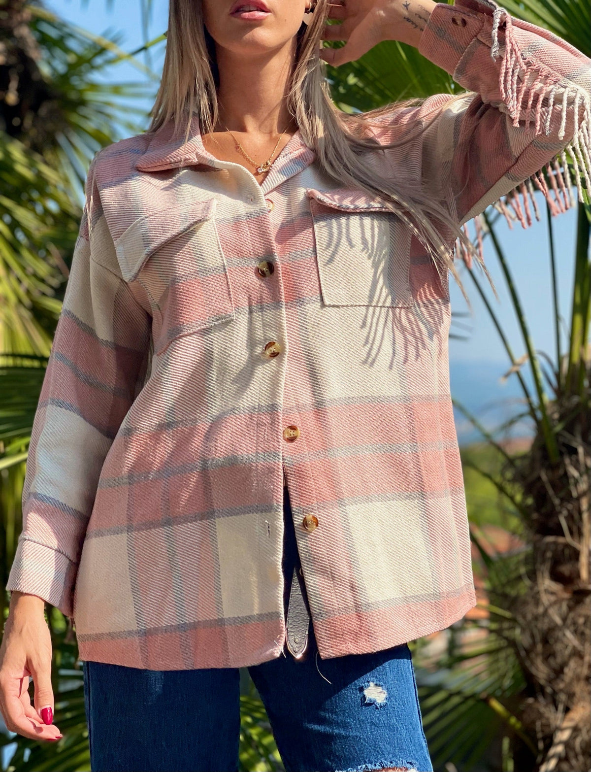 Giacca a quadri Rosa con frange