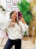 Cardigan con bottoni gioiello e spalle scoperte Bianco