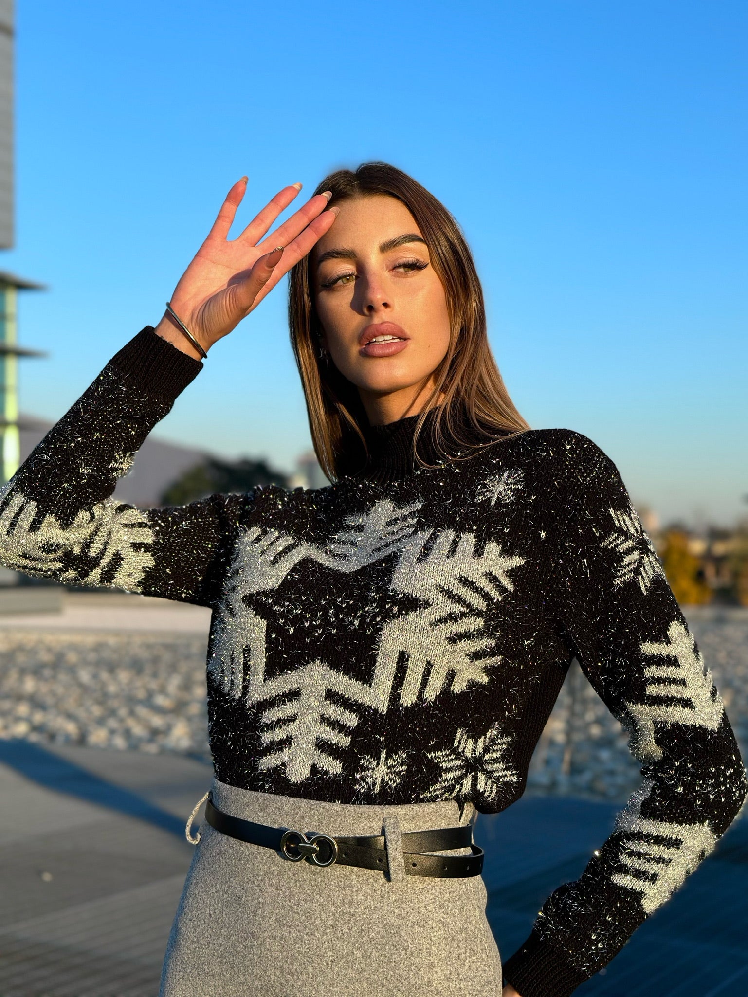 Maglione fiocco di neve nero e argento