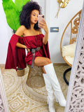Tutina in raso con scollo a barchetta manica lunga bordeaux