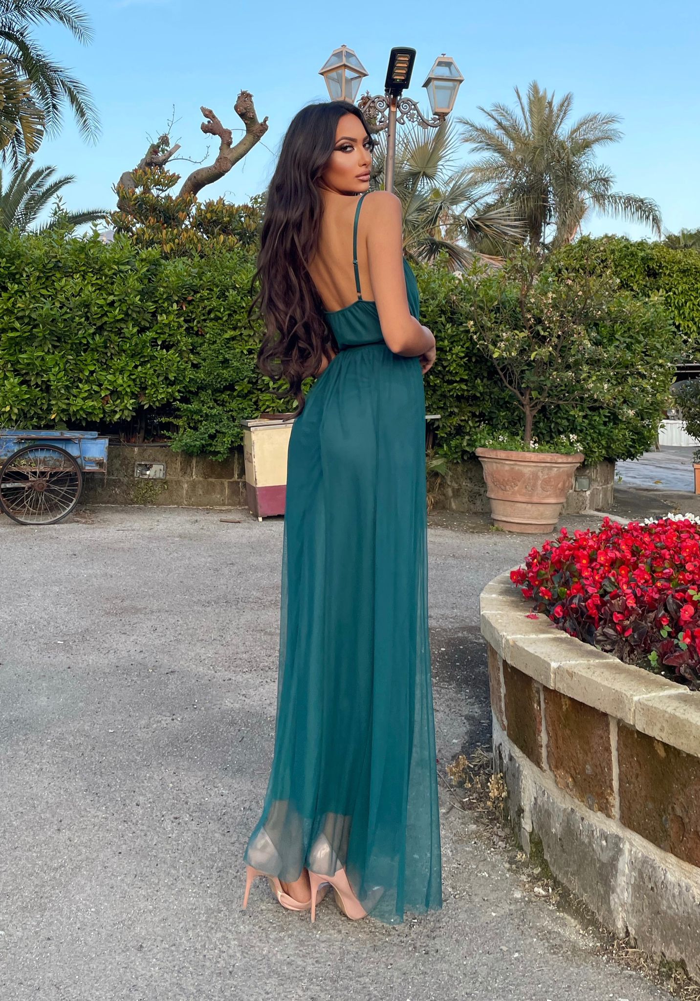 Abito lungo in tulle petrolio