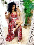 Abito con maxi spacco rosso con ricami