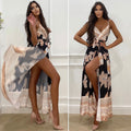 Abito nero in raso con maxi spacco fiori beige