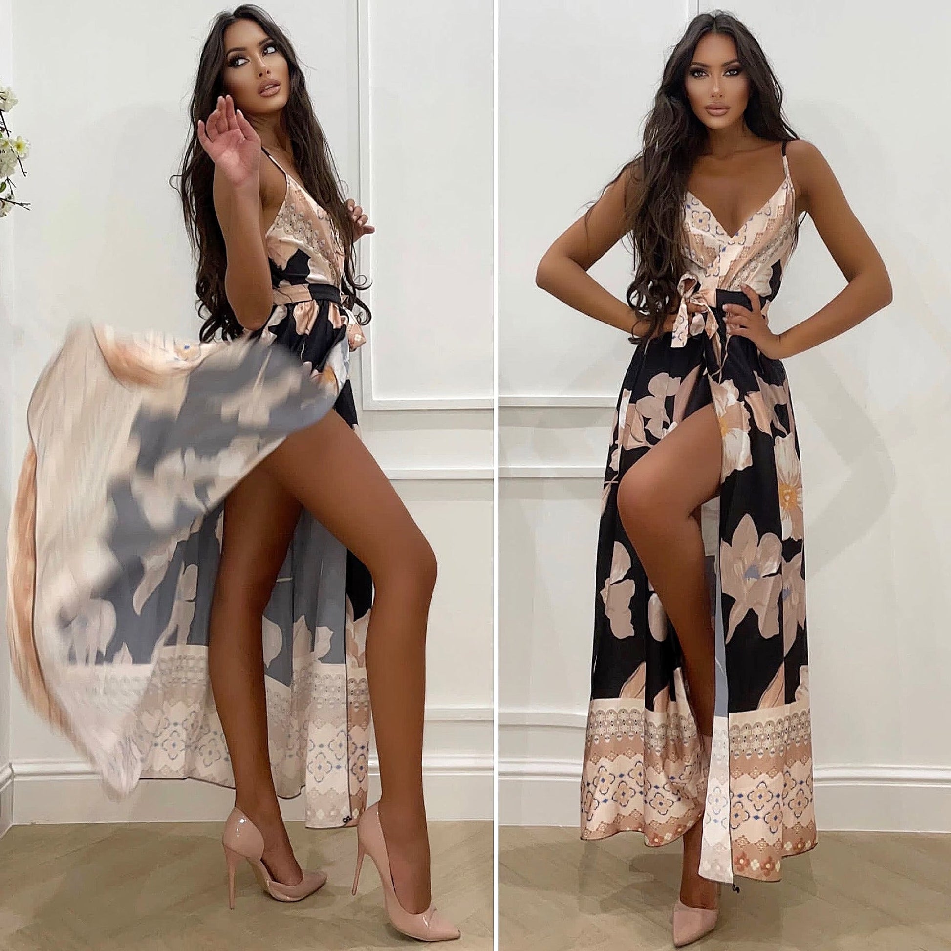 Abito nero in raso con maxi spacco fiori beige