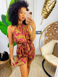 Tutina in raso con fiori base camel