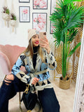 Cardigan frange e cinta con cavallo celeste corto
