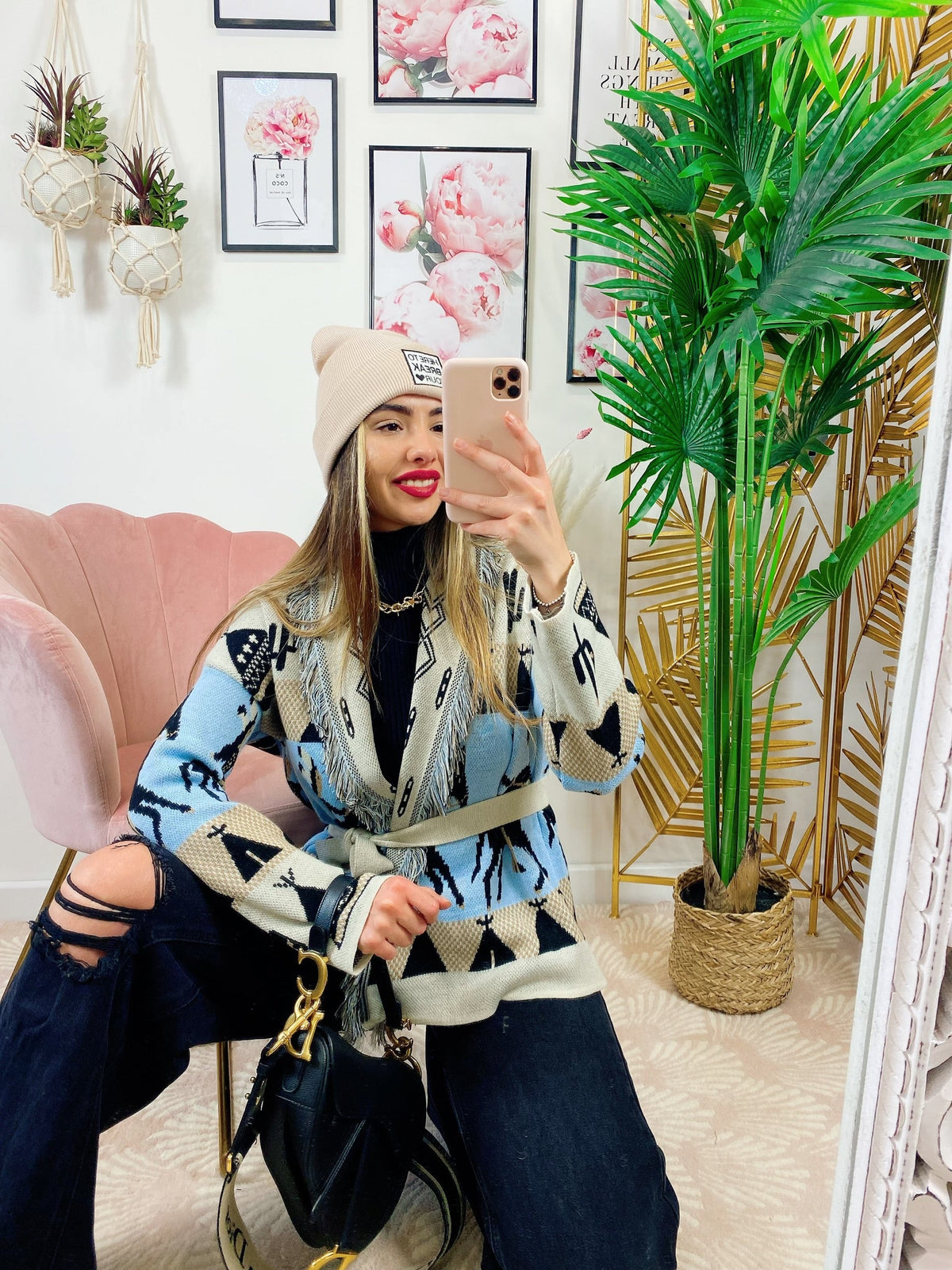 Cardigan frange e cinta con cavallo celeste corto