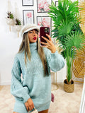 Maxi maglione collo alto con perle verdeacqua