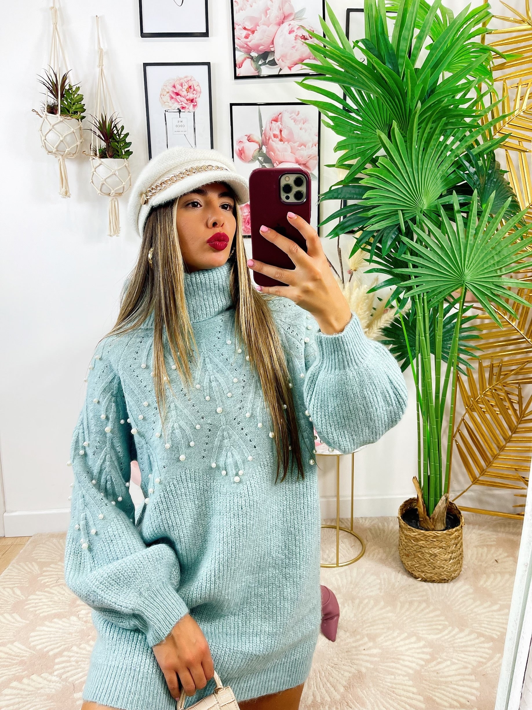 Maxi maglione collo alto con perle verdeacqua