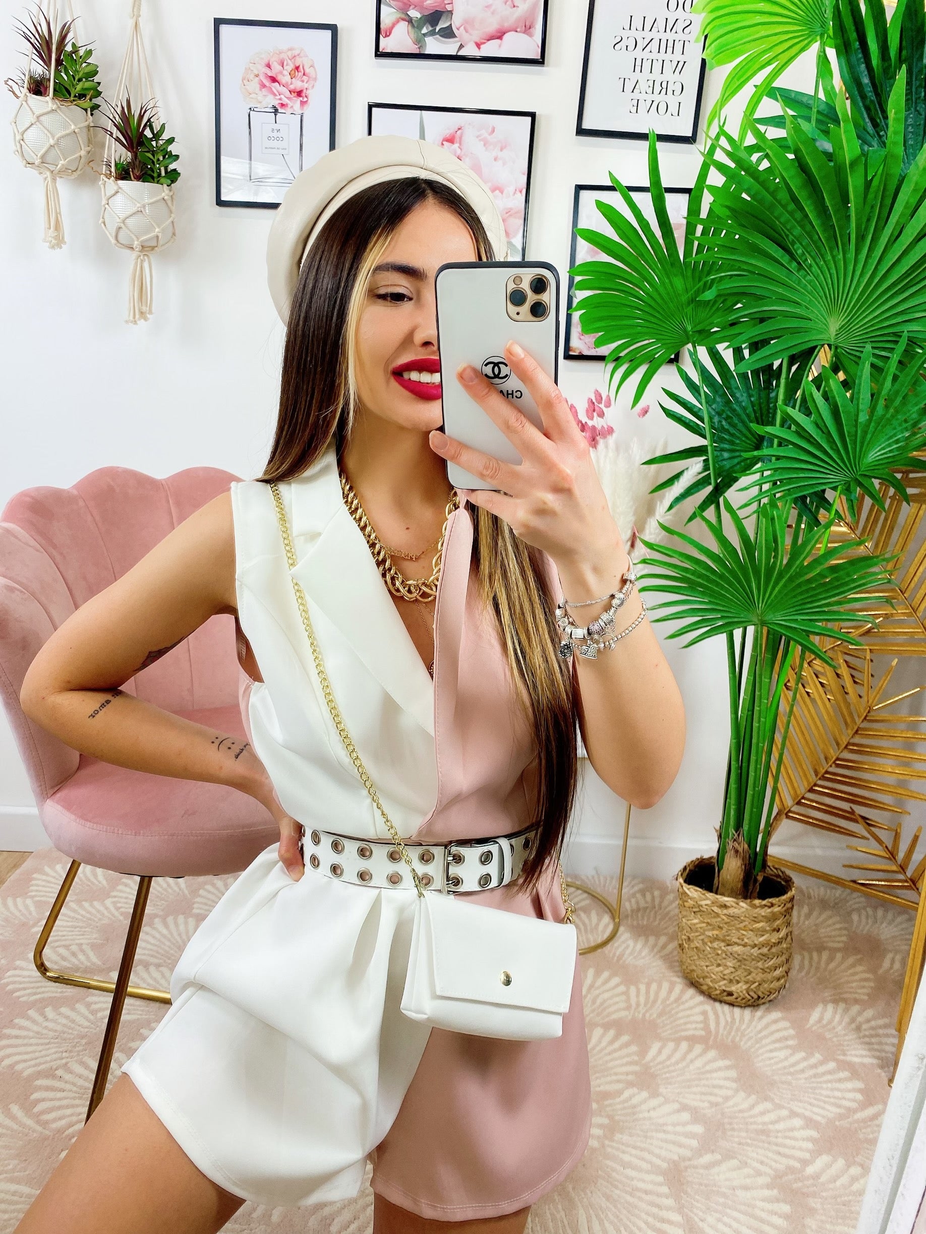 Tutina a Blazer bicolor con borsetta bianco Rosa