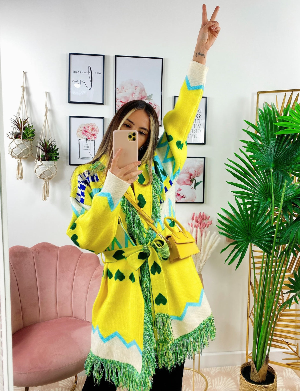 Cardigan frange e cinta giallo