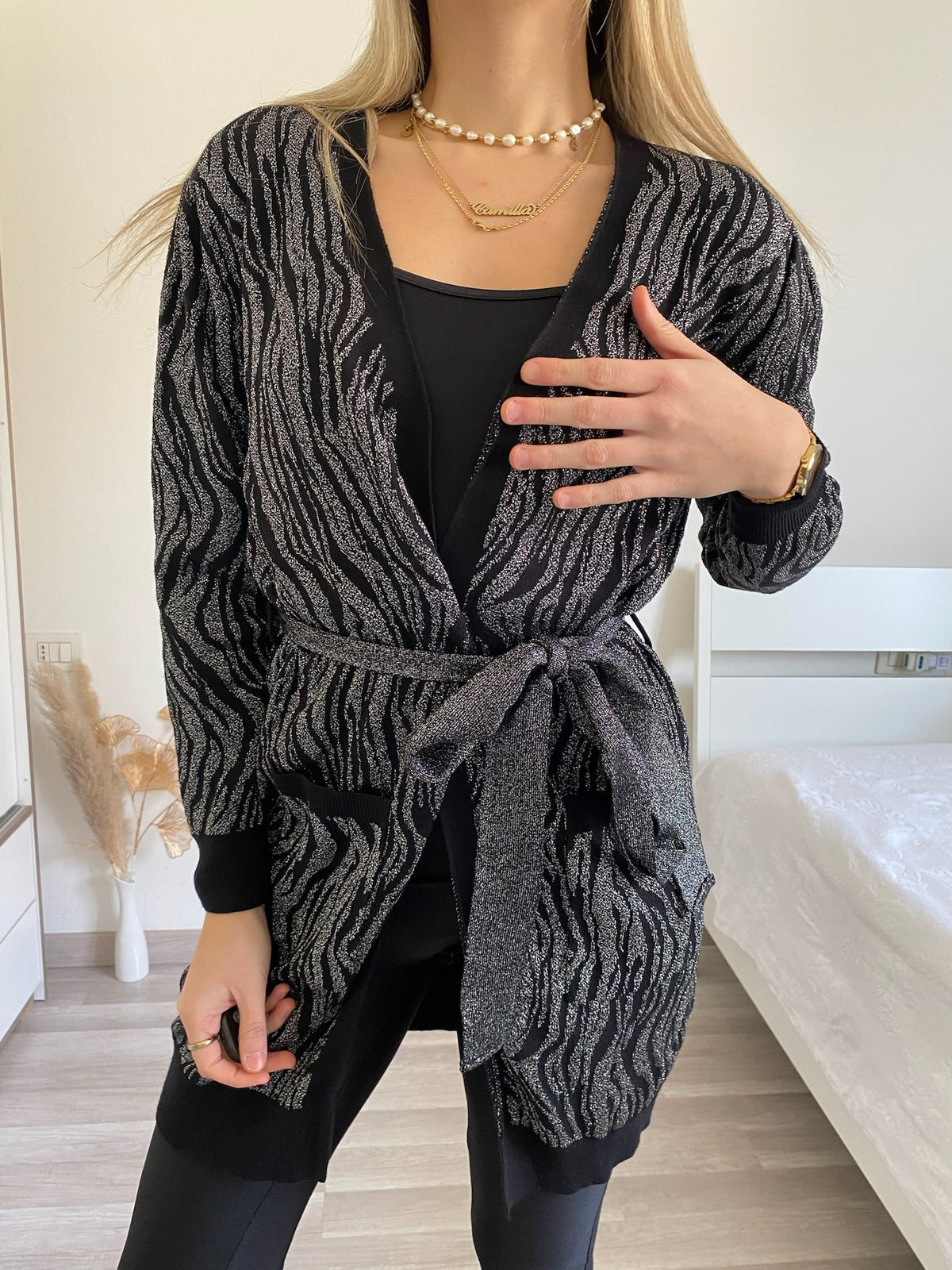 Cardigan in lurex zebrato nero